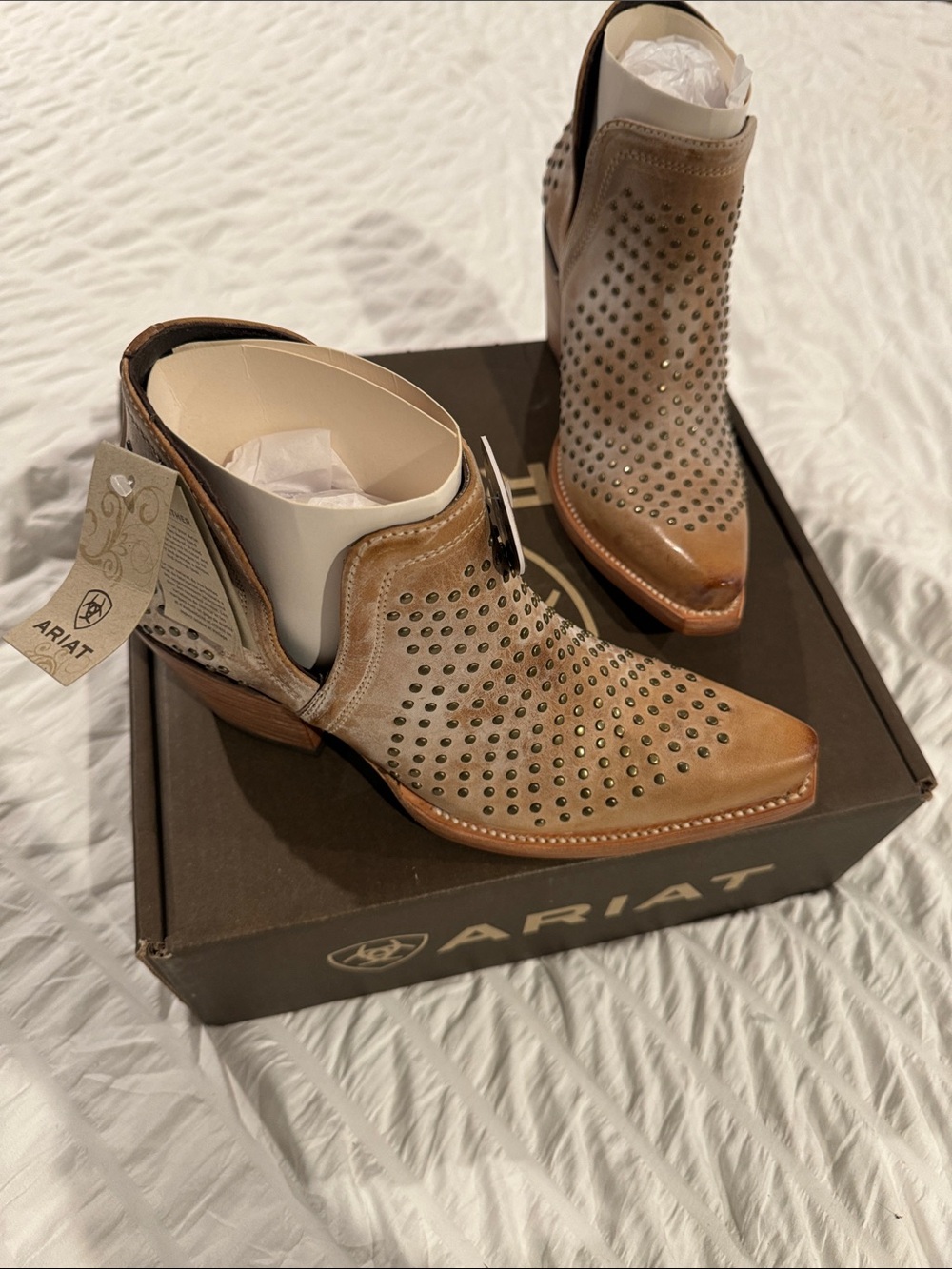 Ariat Studded Tan Leather Western Ankle Bootie